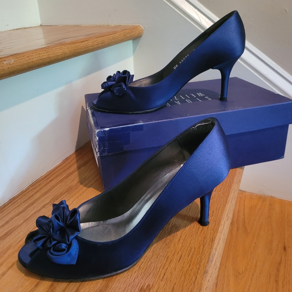 Stuart Weitzman Blue Satin Peep-Toe Heels with Decorative Bows